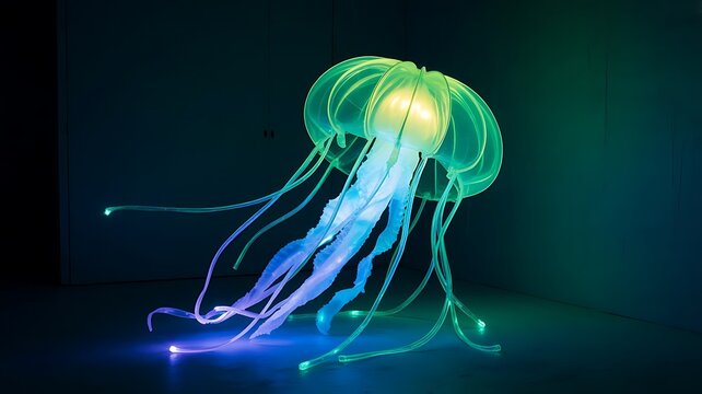 Glowing jellyfish creature with bioluminescent tentacles in a dark environment