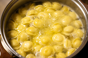 Pot of Boiling Dumplings in Broth