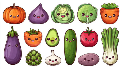 A collection of cartoon vegetables and fruits with cute faces arranged on a white background art style