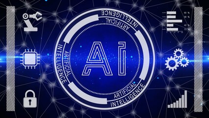 AI - Artificial Intelligence lettering on circle elements - symbolic of AI artificial intelligence - abstract background of various graphic elements blurred particle background - 3D Illustration