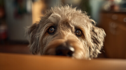 A close up of a fluffy dog with brown eyes peering over a wooden surface in a blurred background