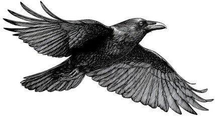 Fototapeta premium Majestic black raven flying with outstretched wings over open sky isolated on white background