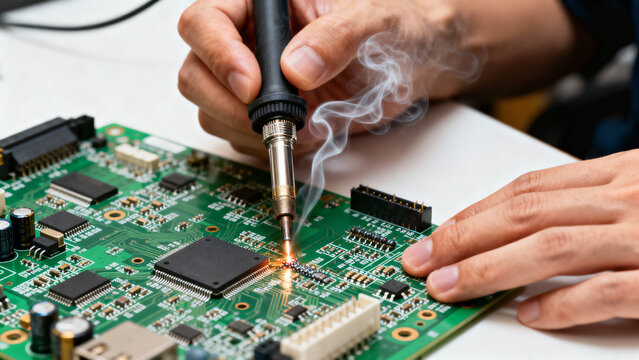 Detailed Close-Up of Hand Soldering Electronic Circuit Board with Smoke Emission