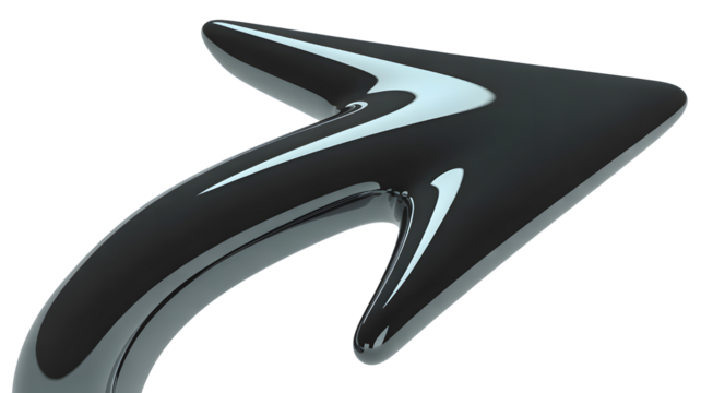 Glossy black arrow shape with white accents isolated on transparent background