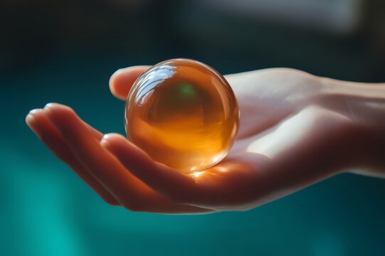 Human hand gently cradling a delicate, shimmering spherical object, with abstract reflections playing across its surface