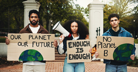 Portrait, protest and people with poster, climate change and university with sustainability....