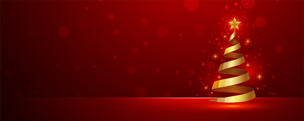 Red background with a golden ribbon Christmas tree and sparkles