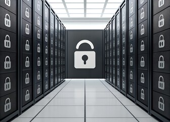 Grid of digital security icons with a prominent padlock in the center cybersecurity padlock icon