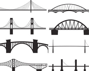 Bridge silhouette icons, suspension bridge, arch bridge, truss bridge, cable-stayed bridge, engineering design, black illustration, civil structure, span types