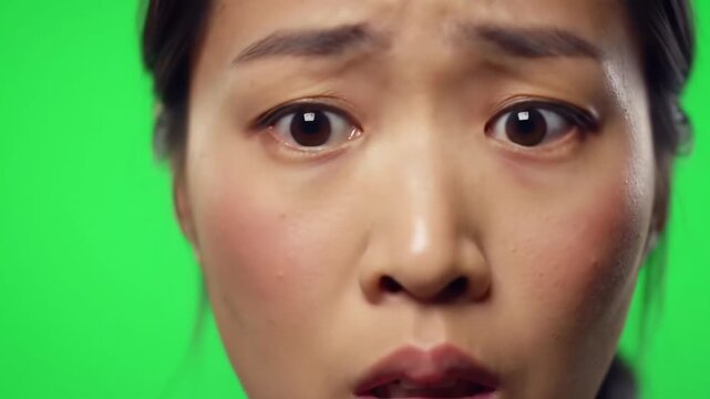 Closeup of a young Asian womans face expressing fear and shock looking wideeyed and distressed against a green screen background conveying intense emotion and surprise.