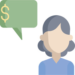 Illustration of a person with a speech bubble containing a dollar sign symbolizing financial communication or earnings in a clean flat design