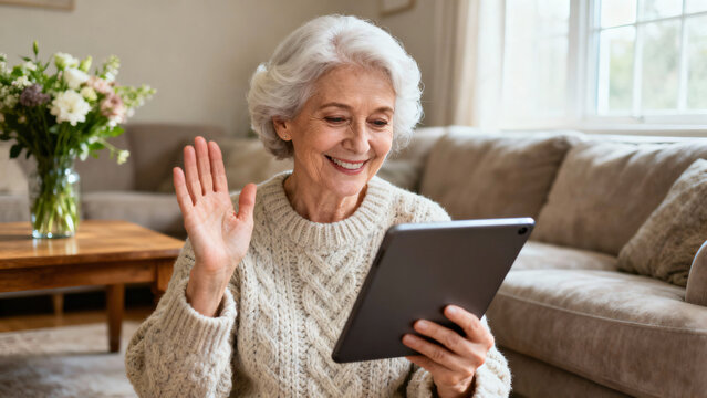 Senior Woman Using Tablet for Video Call in Cozy Living Room with Flowers