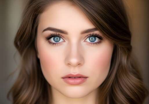 Close-up of a fair-skinned attractive young woman with striking blue eyes, facing forward
