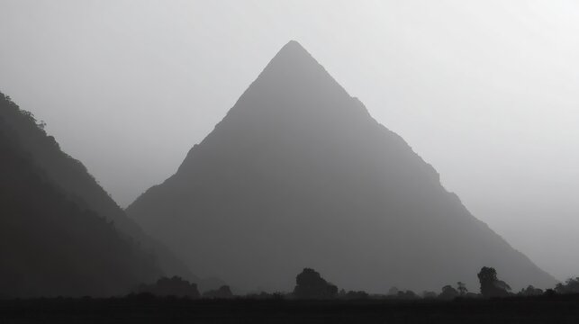 Mountain peaks in dense fog creating abstract silhouette shapes and a minimalist dramatic natural landscape in black and white
