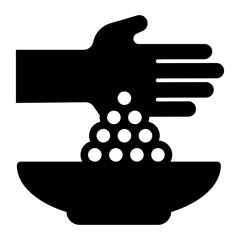 Hand with peas and plate solid icon, cooking concept. Vector graphics. Spices sign on white background, style icon mobile or web design.