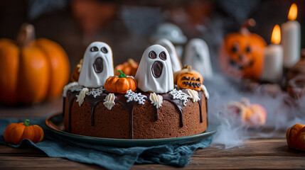 A halloween cake decorated with ghost figures and pumpkins on a wooden table with candles around it