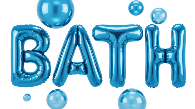 Blue foil balloons spell out the word bath isolated on transparent background - Powered by Adobe