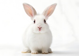 Obraz premium Adorable white rabbit with long ears on a white background, looking at camera.