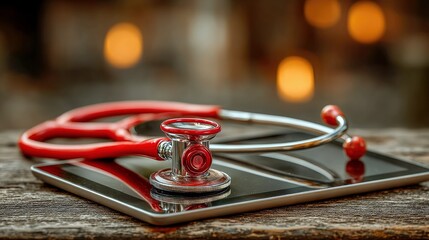 A red stethoscope is placed on a tablet, symbolizing the intersection of healthcare and technology.