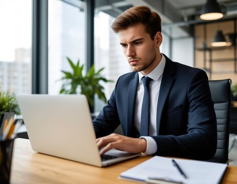 A focused businessman works on a laptop. A serious professional