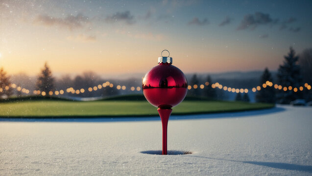 Christmas red bauble on golf tee in snowy landscape during sunset - Powered by Adobe