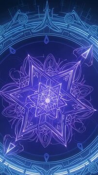 Vertical video: Appearing neon arrowhead sliding on circuit ring, syncing neon polygram star pulses