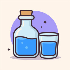 Flat vector logo illustration of water bottle and glass for drink, beverage, healthy lifestyle. 97