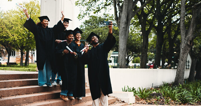 Graduation, outdoor and students excited for selfie, social media post and academic success on steps. People, diploma and happy at university for photography, friends memory and campus blog update