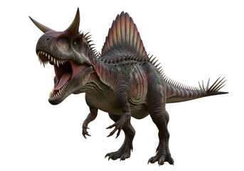 Obraz premium A predatory dinosaur with horns on its head, spikes on its tail and a crest on its back on white background. A strong prehistoric reptile with an open mouth, sharp claws and full-length teeth.