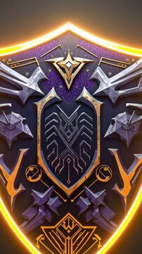 Vertical video: Tracing golden glow revealing gold rim, purple panel on shield in digital backdrop