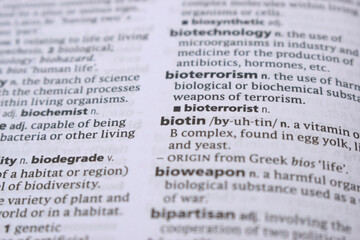 Fototapeta premium English Definition Dictionary Page Close Up Of Printed Word Of -biotin