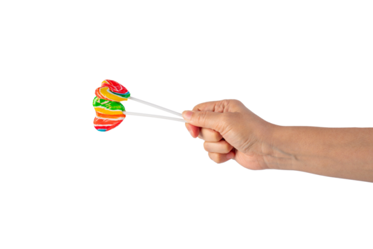 Sweets, lollipops in hand, on transparent background