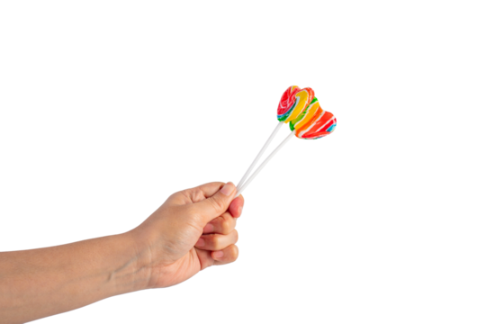 Sweets, lollipops in hand, on transparent background
