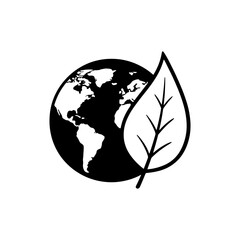 Black and white icon of earth globe with continents and a leaf symbolizing nature conservation