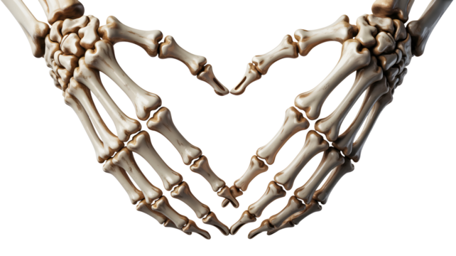 Two skeleton hands forming a heart shape isolated on transparent background