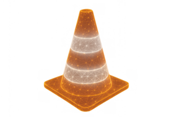 Wireframe traffic cone digitally rendering safety and construction concepts with network connections on a transparent background