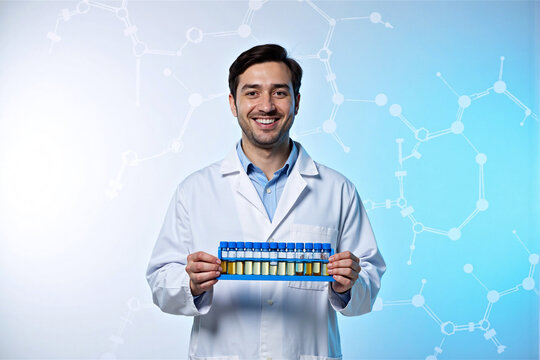 Happy male scientist, chemist, or researcher in a lab coat, smiling and holding a rack of colorful test tubes against an abstract blue background with chemical structures