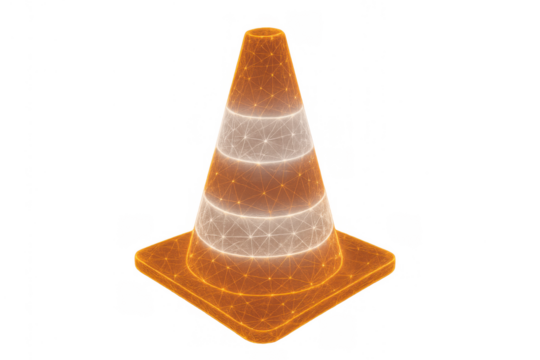 Wireframe traffic cone digitally rendering safety and construction concepts with network connections on a transparent background