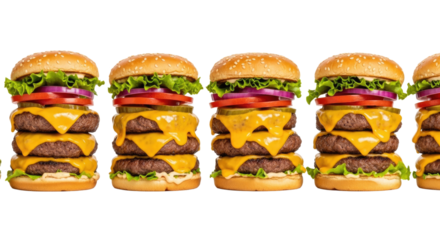 Delicious stacked cheeseburgers with fresh ingredients.