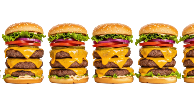 Delicious stacked cheeseburgers with fresh ingredients.