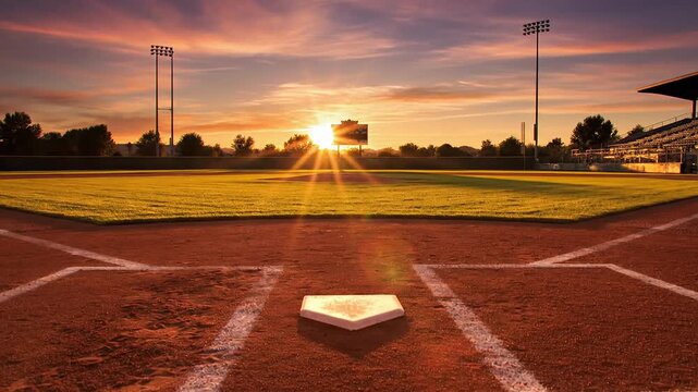 Baseball field at sunset with glowing horizon