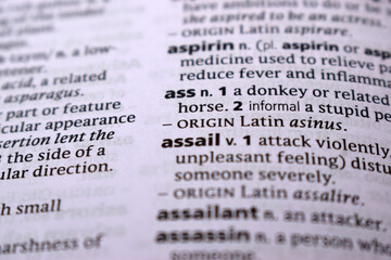 Fototapeta premium Close Up Of English Dictionary Page With Word - assail