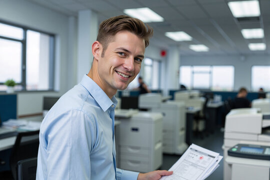 Handsome young businessman or office worker smiling at the camera, holding documents, and standing by a printer in a modern, bright, open-plan corporate office