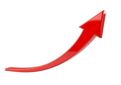 Red glossy 3d arrow curving upwards, symbolizing growth, success, and positive trend