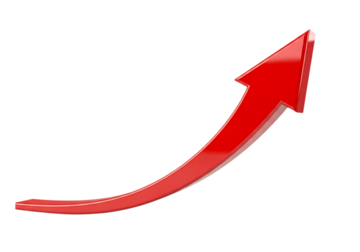 Red glossy 3d arrow curving upwards, symbolizing growth, success, and positive trend