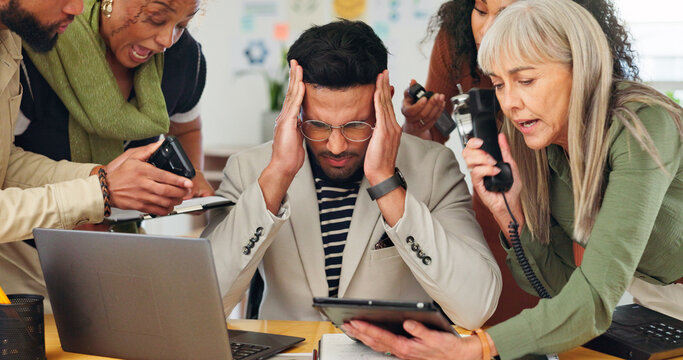 Man, headache and chaos with team, overwhelmed and review for project with deadline at media company. Person, computer and crisis with stress, pain and multitasking with brain fog at creative agency