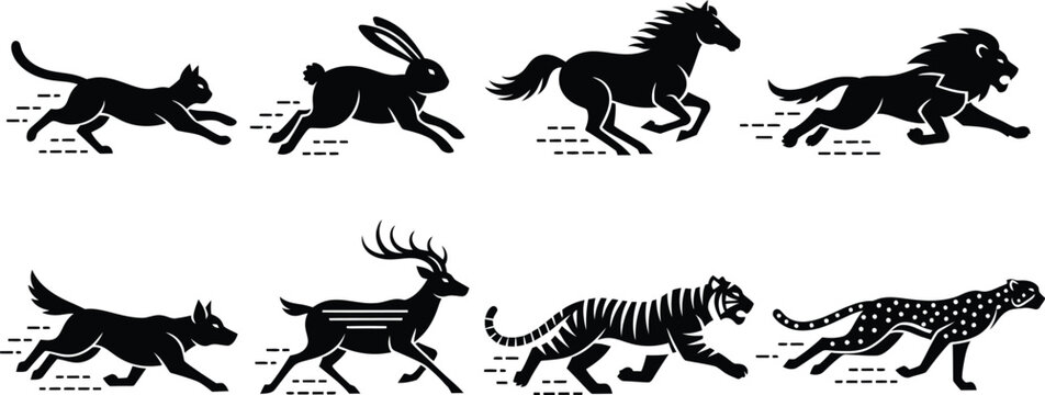 Dynamic animal silhouettes running fast for logo or design projects