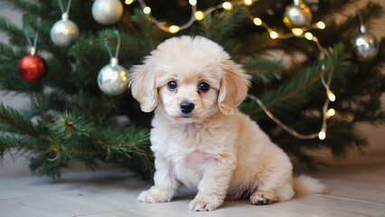 Fluffy poodle puppy with light cream fur sitting on wooden floor by decorated Christmas tree