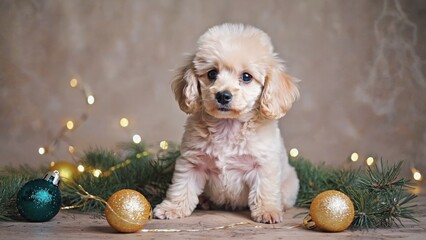 Small poodle puppy with cream-colored fur sitting on wooden surface with Christmas decorations