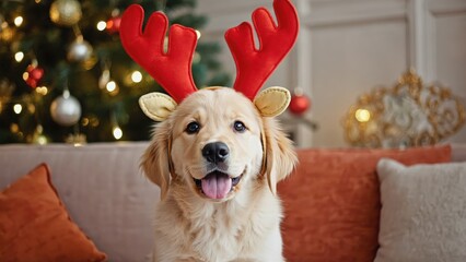Golden Retriever puppy wearing red and yellow reindeer antlers sitting by decorated Christmas tree